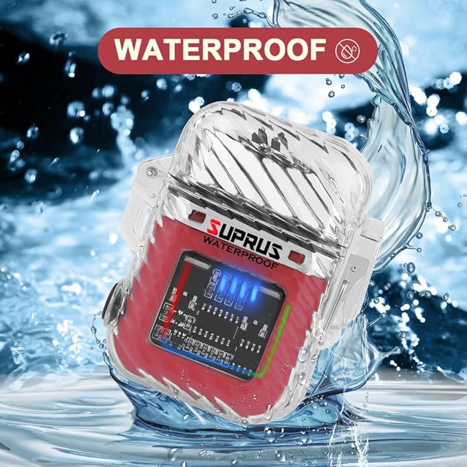 SUPRUS Waterproof Luminous Lighter of Flashlight Windproof Arc Electric Lighters Rechargeable Dual Arc Plasma (Red, 2Packs)