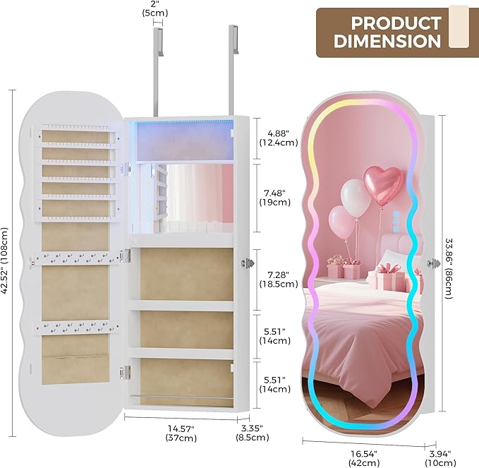 Lvifur RGB Lighted Mirror Jewelry Cabinet,LED Wavy Wide Mirror with Storage, Wall or Door Mounted Jewelry Organizer with Interior Mirror,Lockable Jewelry armoire,Gift Ideal