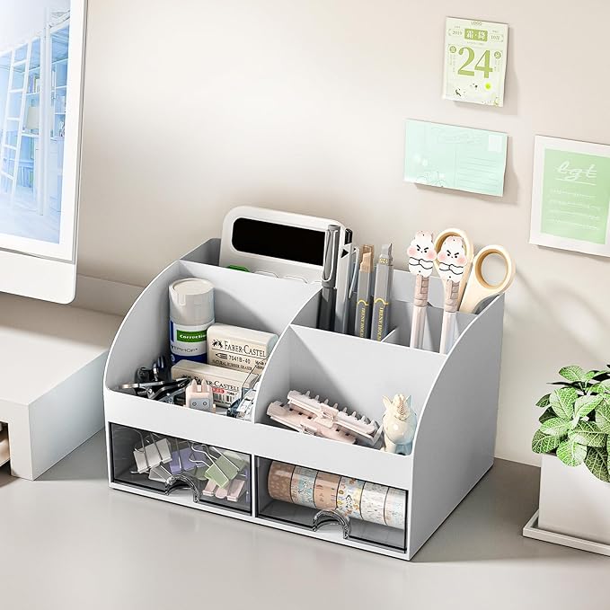 COMFYROOM Desk Organizer with 6 Compartments and 2 Drawers, Plastic Makeup Organizer, Pen Holder for Desktop Storage, Desk Organization for School, Home, Office Supplies (Grey)