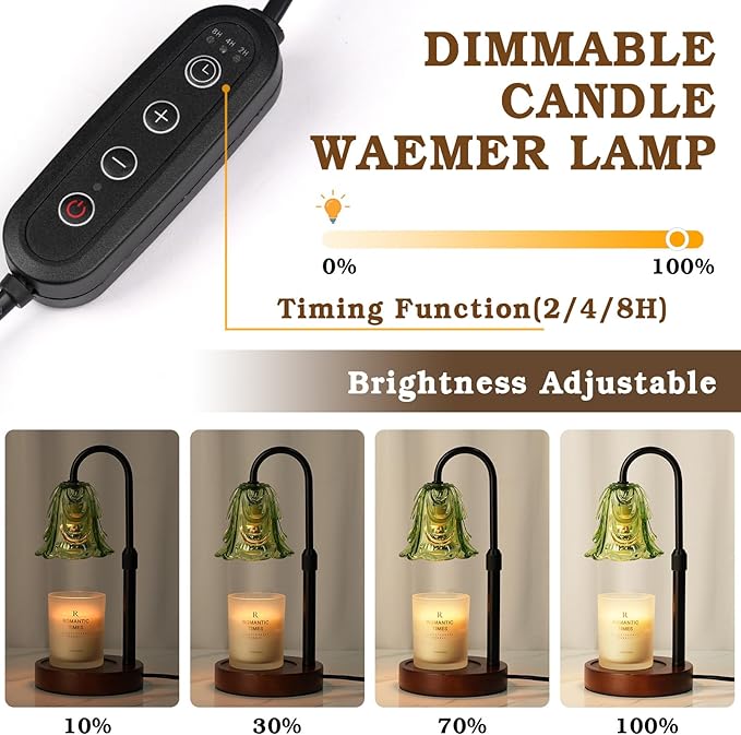 Small Candle Warmer Lamp with Timer, Adjustable Green Lamp Warmer for Jar Candles, Unique Women Gifts for Birthday, Dimmable Candle Heater, Anniversary Day Gifts, Cute Wax Warming Light with Wood Base
