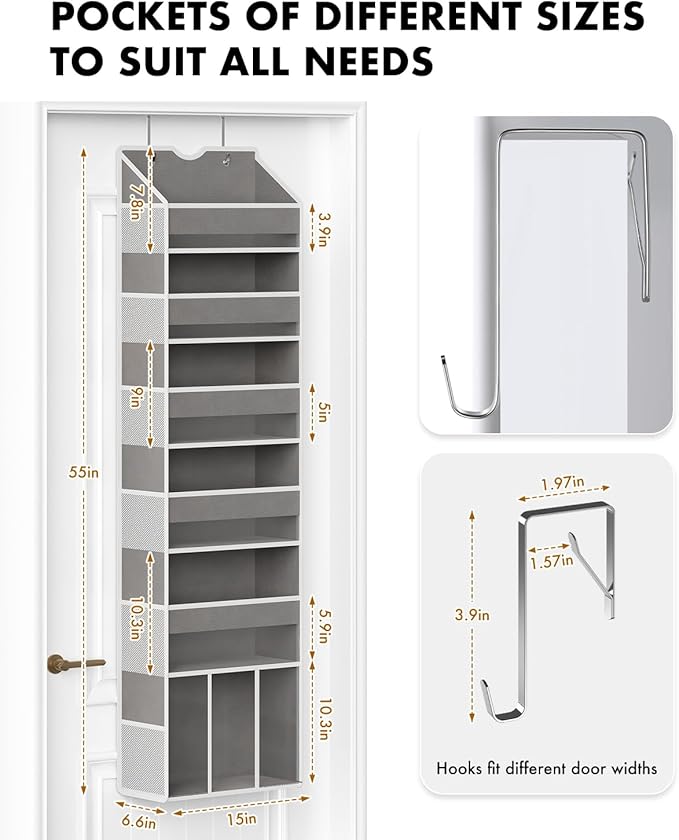 2-Pack Over The Door Organizer Hanging 6-Shelf Storage Organizer with 50lb Heavy Duty Perfect for Bathroom Closet Nursery Bedroom Pantry Laundry (Grey)