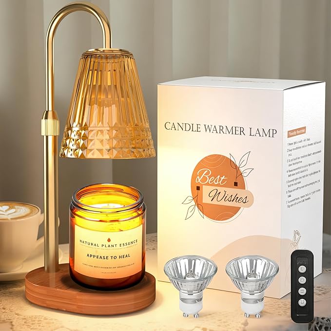 Candle Warmer Lamp with Timer and Dimmer, Adjustable Height Jar Candle Wax Warmer, Flameless Halogen Heat, 2 Replacement Bulbs, Gifts for Women Mom, Living Room Bedroom Decor Gold