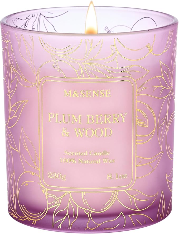 M&SENSE Plum Berry Wood Scented Vegan Soy Candles, Naturally Scented No Toxin, 8.1oz 42-Hour Slow Burning, Cozy Fall Home Fragrance for Relaxation, Housewarming Gift for Adults