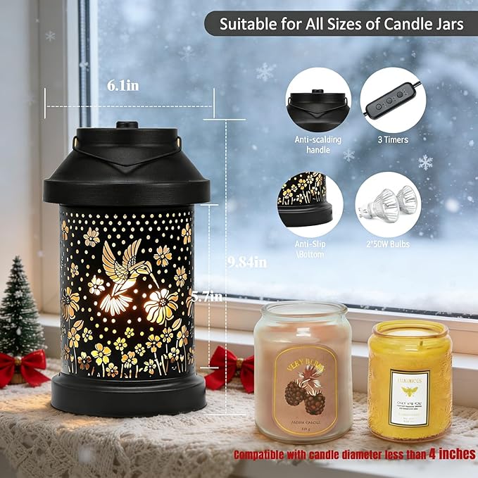 Dialan's Candle Warmer Lamp with Timer - Electric Candle Wax Melt Warmer with Dimmer for Scented Wax Jar Candles Home Decor Bedside Candle Lamp Birthday Gifts for Women Mom Hummingbird Lantern