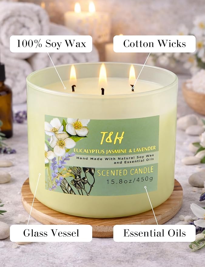 Eucalyptus Jasmine Lavender Scented Candle | 3 Wick Large Soy Candle for Home 15.8oz | Calming Aromatherapy Spa Candle | Strong Scent, Long Lasting, Clean Burn | Stress Relief Gift for Women & Men