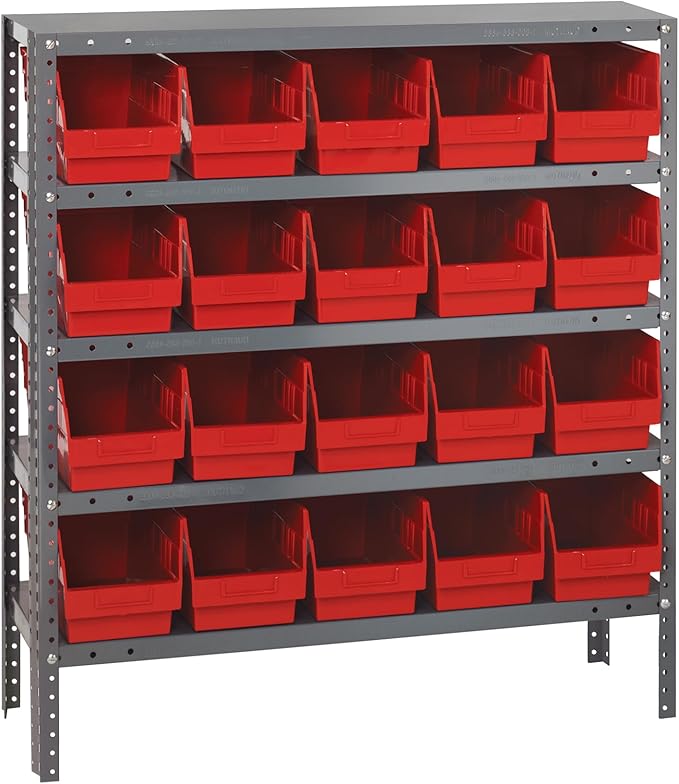 Quantum Storage Systems 1839-204RD Store More Steel Shelving Unit with 6" Shelf Bins, 18" D x 36" W x 39" H, Red