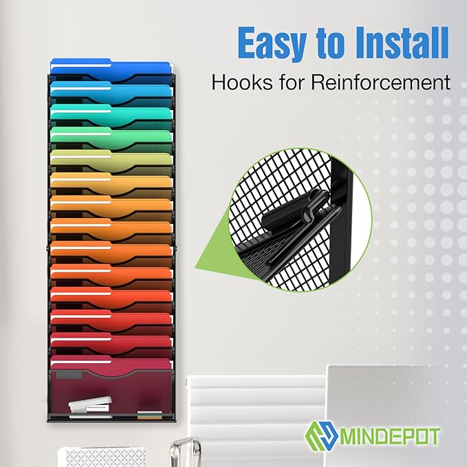 MINDEPOT 15 Tier Wall File Holder Hanging Wall File Organizer for Papers Mails Folders Document Magazine Organization, for Office School Home, Black
