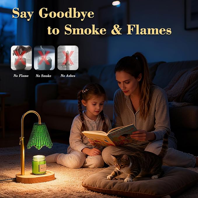 Candle Warmer Lamp with Adjustable Height - Flameless 4-Level Dimmable Wax Warmer with Colorful Glass Shade & Wooden Base, Timer Function & Stylish Design in Multiple Colors (Green 2)