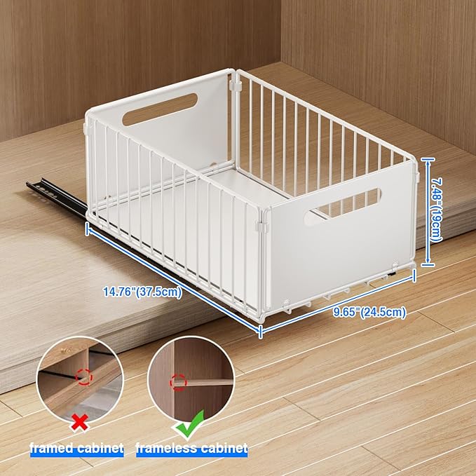 2 Pack Pull Out Cabinet Organizer, Slide Out Drawers for Cabinets, Peel and Stick, Heavy Duty Shelves for Kitchen, Cupboard, Pantry, Bathroom (14.76" D*9.65" W*7.87" H-White)