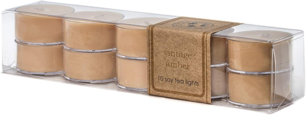 ECO CANDLE CO. Tea Light Candles, Vintage Amber, 10-Pack - Scents of Wood Resin, Nutmeg, Cinnamon, & Vanilla - Recyclable, 100% Soy Wax, No Lead, Hand Poured, Midwest Grown Soybeans, .6 oz. Each