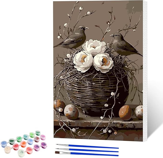 NAIMOER Birds Flowers Paint by Numbers Kits for Adults Beginner with Wooden Framed, Color by Numbers on Canvas Painting Kits for Adults, Easy Paint DIY Acrylic for Home Wall Decor 8X12 Inch