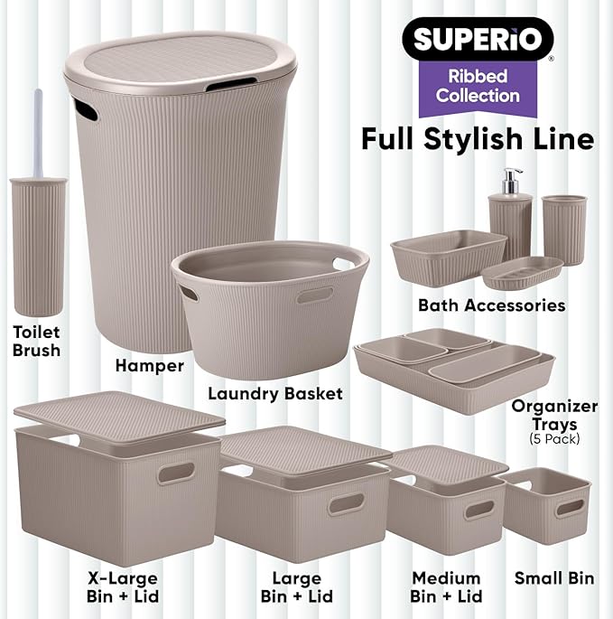 Superio Ribbed Collection - Decorative Plastic Basket Open Home Storage Bins Organizer, Small Taupe (4 Pack) Container Boxes for Organizing Closet Storage Bins for Shelves Drawer Shelf 1.5 Liter