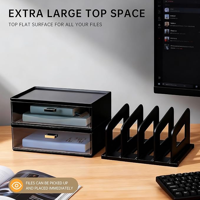 CiWiVOKi Desk Organizer with 4 File Holder Slots, 2 Clear Drawers & Dual Pen Holders, Multi-Functional Office Supplies Desktop Storage for Home Office, Space-Saving Mail Sorter & Caddy, Black