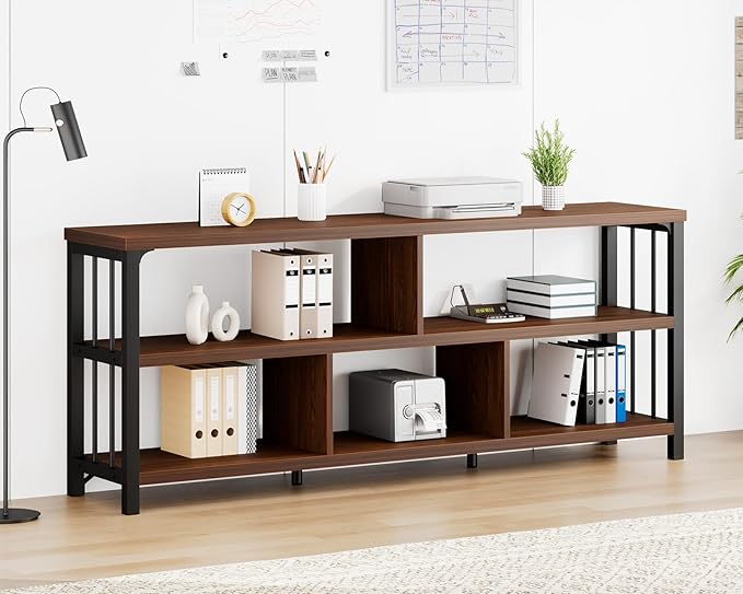 IBF Long Bookshelf, 63” Wide Low Open Book Shelf, Industrial 5 Cube Horizontal Bookcase for Bedroom Home Office, 3 Tier Wood Metal Cubby Storage Organizer Shelf for Living Room, Walnut, 63 Inch