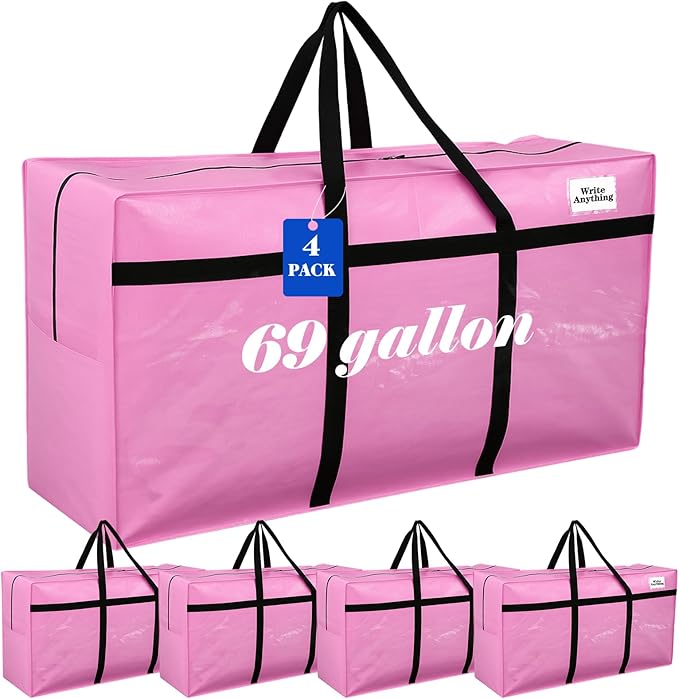 Windyun 4 Pack 69 Gallon Extra Large Moving Bags XXL Heavy Duty Storage Bag with Strong Zipper Handle Jumbo Big Tote Box Foldable for College Dorm Travel Clothes Duffle Blanket Pillow(Pink)