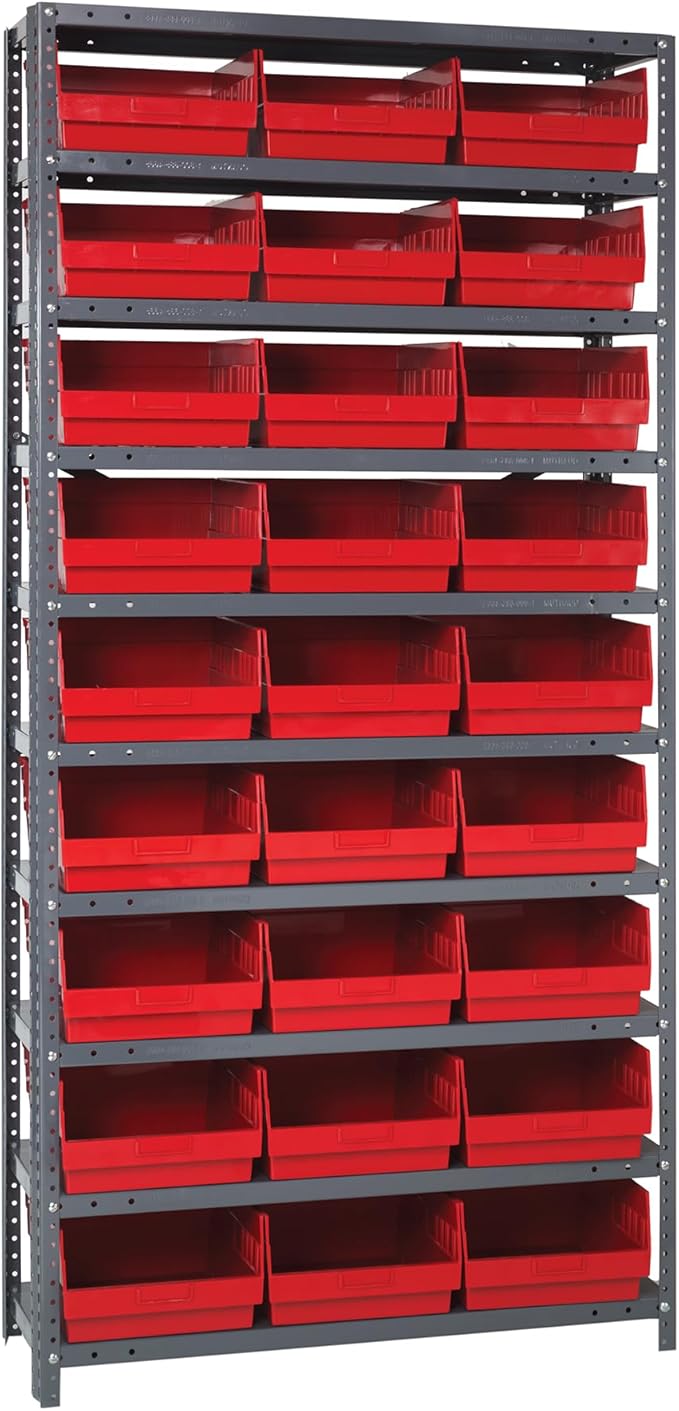 Quantum Storage Systems 1875-210RD Store More Steel Shelving Unit with 6" Shelf Bins, 18" D x 36" W x 75" H, Red