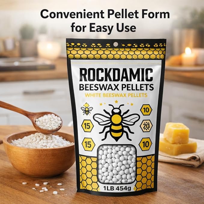 Rockdamic Natural White Beeswax Pellets 1lb - (454g) Organic Wax for Skin, Lip Balm, Lotion Making - Pure Pastilles, Unscented Beads for Candles, Salves, Soap, and Cosmetics - Bulk Melting Pellets