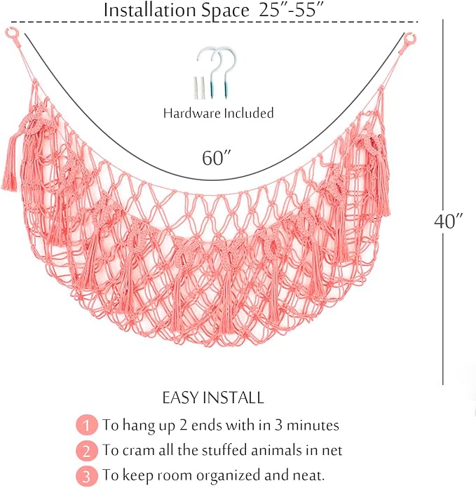 Large Stuffed Animal Net or Hammock for Flat Wall Mounted Handmade Macrame Toy Hammock Plush Display (Pink)