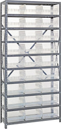 Quantum 1275-209CL Heavy Duty Shelving Unit with (10) Shelve and (27) Clear Bins (QED401) for Garage Warehouse Storage Distribution | 400 lb Load Capacity | 12"D x 36"L x 75"H, Galvanized Carbon Steel