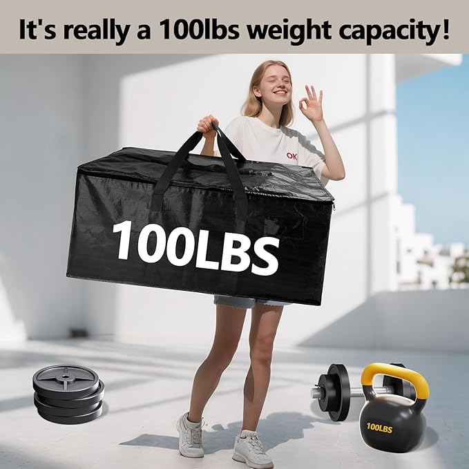 10 Pack Waterproof Moving Bags with Strong Zippers and Reinforced Handles, Real 100lb Capacity Extra Heavy Duty Large Storage Totes for Packing & Moving Storing, Alternative to Moving Boxes -95L,Black