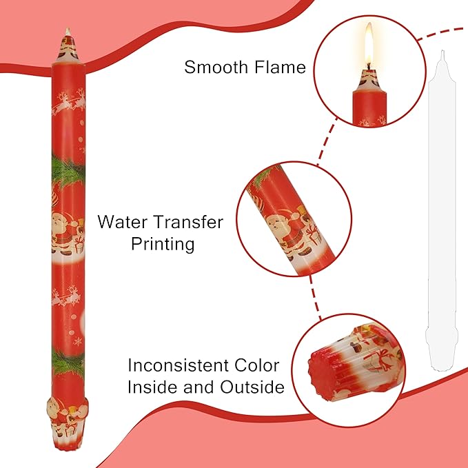 Taper Candles Christmas Printed Candlestick 4 PCS 10 inch Long Taper Candle Unscented Candlesticks Handmade Tapered Candles for Christmas Dinner Household Wedding Party Housewarming Home Décor Candles