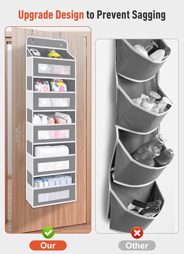 Over The Door Organizer Storage, 5 Shelf Hanging Door Organizer with 10 Large Capacity Pockets, Anti Tilt 44 lb Load Behind Door Storage for Bedroom, Bathroom, Pantry, Nursery, (Grey)