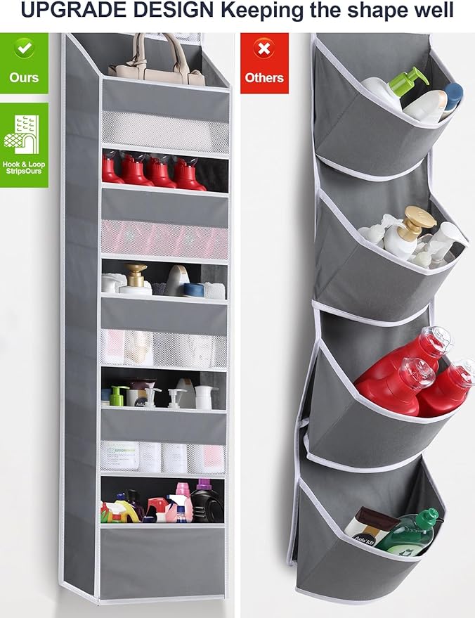 Over the Door Organizers - 5 Tier Hanging Door Storage with 5 Spacious Pockets, Anti -Tilt 44 lb Load Behind Door Organizer for Bedroom,Nursery,Bathroom,Kitchen,Dorm,Pantry - 1 Pack,Grey