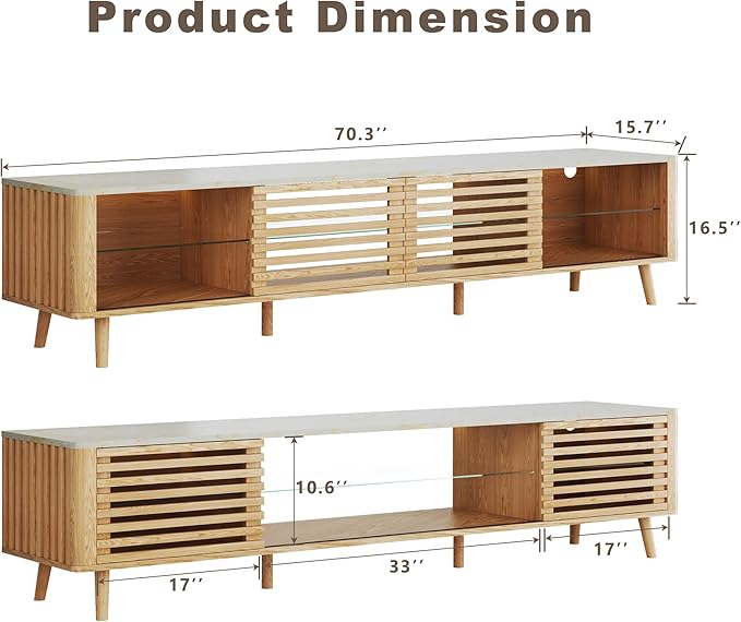 HUAHUU 70" TV Stand for 55/65/75 Inch TV, Faux Marble Top Entertainment Center with Slatied Sliding Door & LED Lights, Mid Century Modern Style, Low TV Console with Glass Shelves for Bedroom