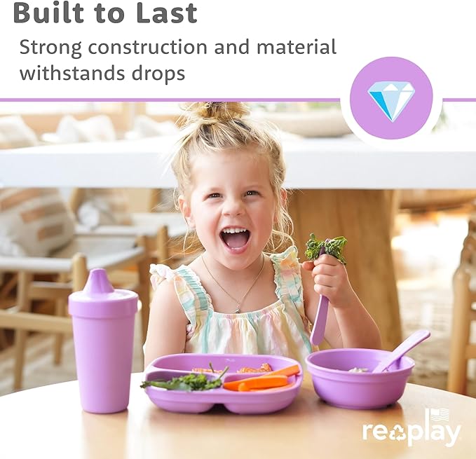 Re-Play Toddler Plates with Dividers - Deep-Walled 3 Compartments Divided Plates for Kids - Dishwasher & Microwave Safe - Made in USA - Set of 4-7.37" x 7.37" x 1.25" - Sand