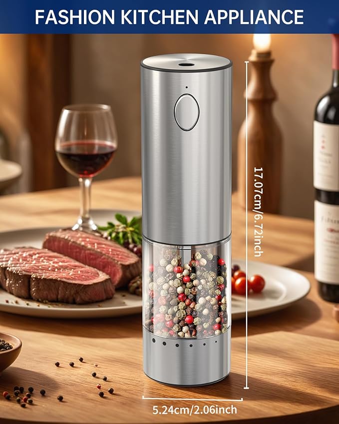 CIRCLE JOY Stainless Steel Electric Pepper Grinder, Rechargeable Pepper Mills with LED Light, 6-Level External Adjustable Coarseness for Easy Use, Silver, 1 Pcs