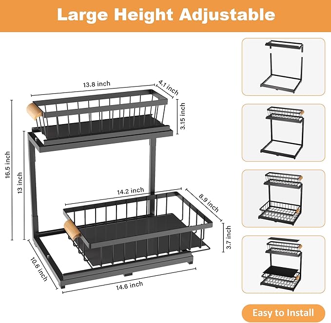 Under Sink Organizer 2 Tier, Pull Out Drawer Slides Under Sink Storage for Bathroom Kitchen,Multi-Purpose Drawer Under Cabinet Organizer for Cleaning Supplies (Black, Large-1 Pack)