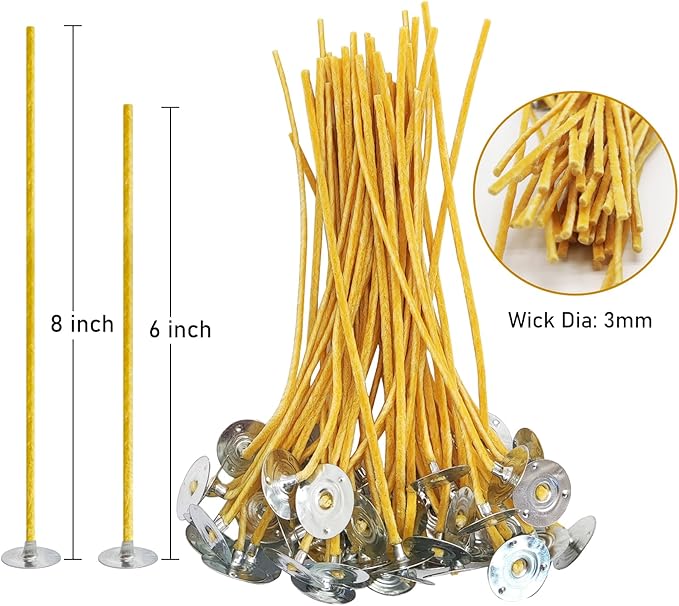 50 Pcs 8" Natural Candle Wicks,Pre-Waxed by Natural Beeswax & Tabbed with 60Pcs Candle Wick Stickers and 5 Pcs Wooden Candle Wick Centering Device, for Candle Making，Candle DIY
