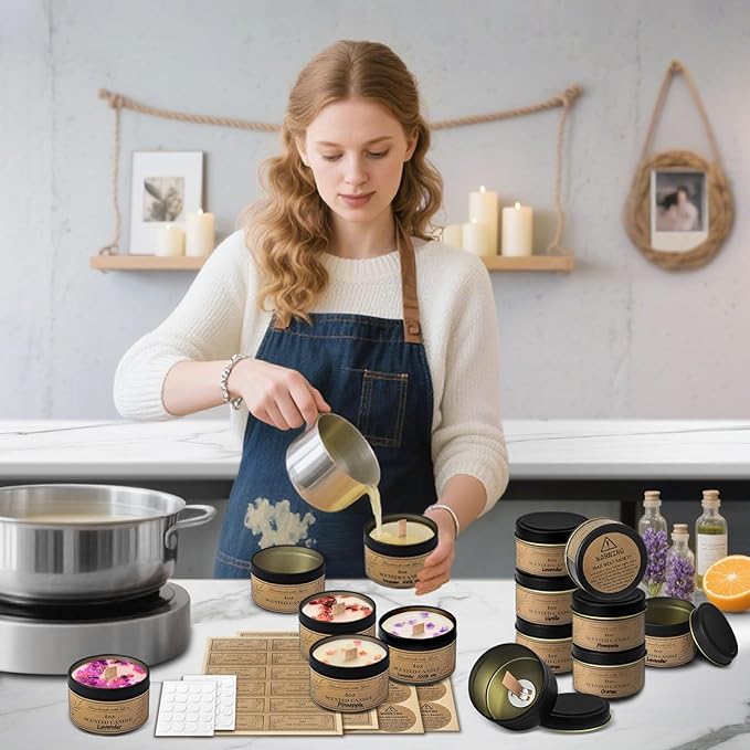 Candle Tins 4oz, 24 Set Candle Making Kit with Bulk Candle Containers, Wood Wicks, Sticker, Wick Holders,Warning Labels for Small Businesses,Candle Jars with Lids for DIY Candle Making