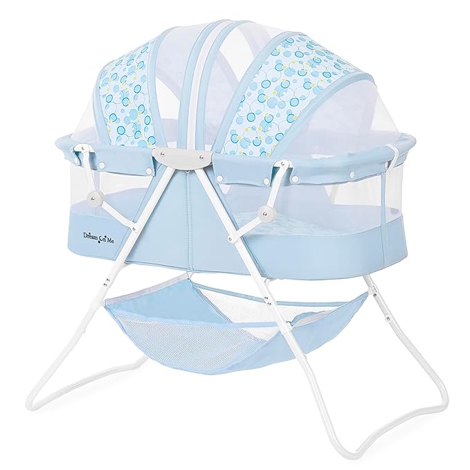 Dream On Me Karley Bassinet, Award Winner Lightweight Travel Baby Bassinet, Foldable Bedside Sleeper, Adjustable Double Canopy, Spacious Design, Soft Fabric, Storage Basket – Light Blue