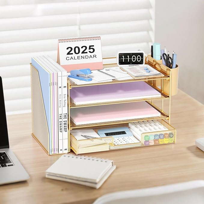 OPNICE Desk Organizer, 4-Tier Desktop File Organizer with Drawer and 2 Pen Holders, Office Desk Accessories, File Sorters, Workspace Organizers for Office Supplies(Gold)