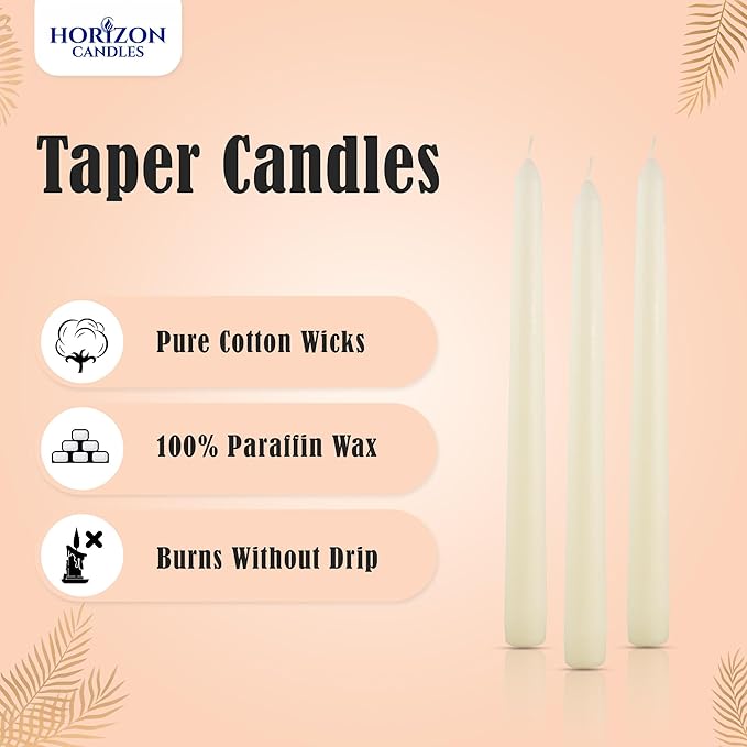 Horizon Unscented 10-Piece Taper Candle Set – 9 Hours Burning Time Smokeless & Dripless Candles for Centerpieces at Wedding, Holiday Dinners, Festive Parties and Home Decor - Cream