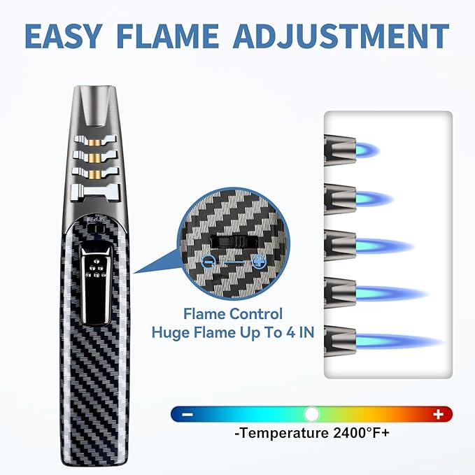 Torch Lighter, Butane Lighter, Windproof Adjustable Big Jet Flame Butane Torch, Refillable Gas Long Torch Lighter with Safety Lock for Candle Grill Camping BBQ Kitchen Soldering, Gas Not Included