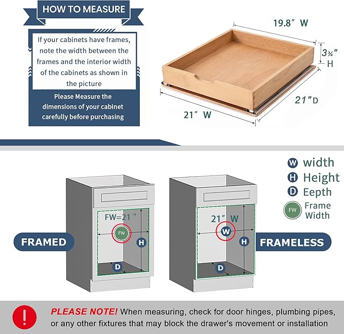 Pull Out Cabinet Drawers - 6x2 Size Options (12-23'W,18-21'D), Pre-Assembled with Soft Close Slides, Solid Beechwood, Easy Installation(21'W x 21'D)