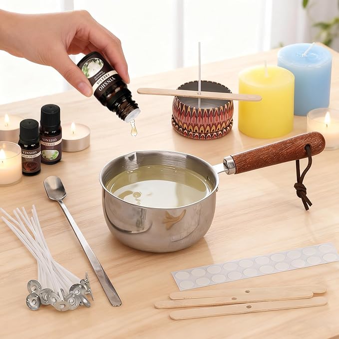 Wooden Handle Wax Melting Pot for Candle Making, Stainless Steel Pouring Pitcher with Spout, Heat-Resistant Handle for Melting Soy Wax, Beeswax, Ideal Candle Making Supplies for Beginners & Pros