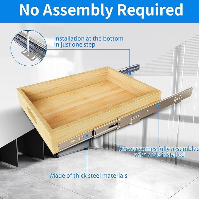 2 Set Pull Out Cabinet Organizer, Soft Close Slide Out Wood Drawer Storage Shelves for Kitchen, Base Cabinet Organization for Pantry, Finished, Heavy-Duty, Bottom Assembly (24” W x 21”