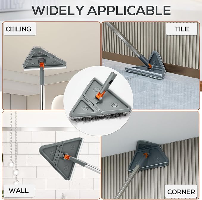 Wall & Base Board Cleaner Tool with 360°Rotating Mop Head, 180°Folding Design for Effortless Baseboards/Ceilings/Wall Cleaning - Adjustable Long Handle Multi-Surface Scrubber & Duster