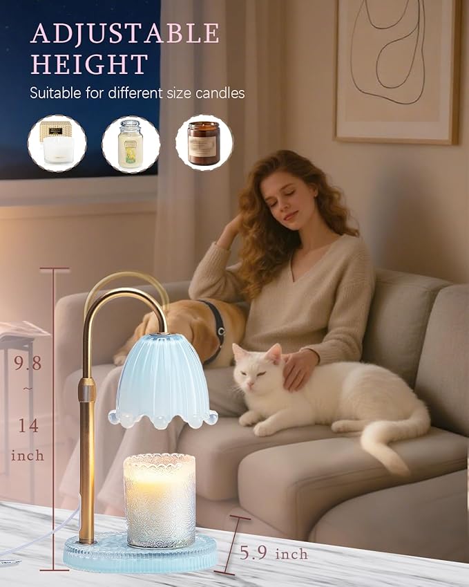 Flower Candle Warmer Lamp with Timer, Vintage Adjustable Glass Warmer Light for Jar Candles, Electric Wax Warming Melter, Gifts for Women Mom, Bedroom Decor (Pink-Flower) (Blue-Flower)