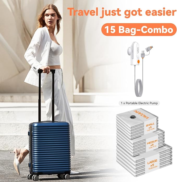 Vacuum Bags for Travel with USB & TYPE C Pump, Vacuum Seal Travel Bags, 15 Pack Carry-On Vacuum Storage Bags for Luggage & Suitcase, Space Saver for Clothes & Travel(Grey)