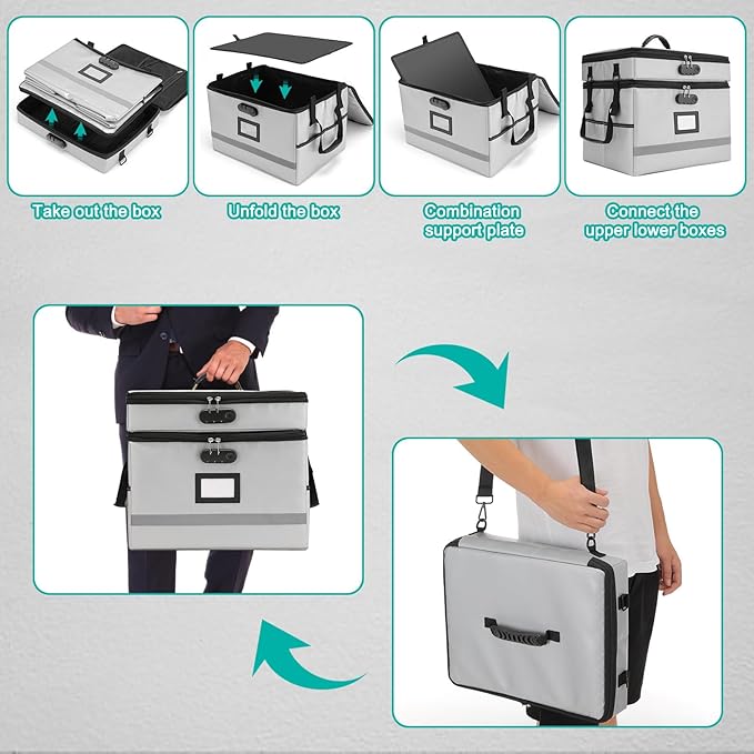 EXLIFBAG 2 Layer File Box with Lock, Portable Document Organizer Box with Handle, Fireproof File Box for Home Office, Legal File Organizer Storage