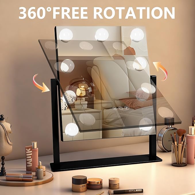 Ratsamee Black Hollywood Vanity Mirror with Lights, 9 Dimmable Bulbs, 3 Color Lights,Make Up Lighted Mirror, 10x Magnification 360°Rotation(12" x 14")