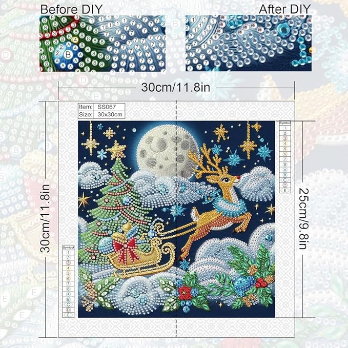 antor Christmas Diamond Painting Kit, 5D Special Shape Diamond Art for Adults, Reindeer Pulling Sleigh at Night DIY Crystal Rhinestones Diamond Painting, Holiday Wall Decor, Winter Home Decoration