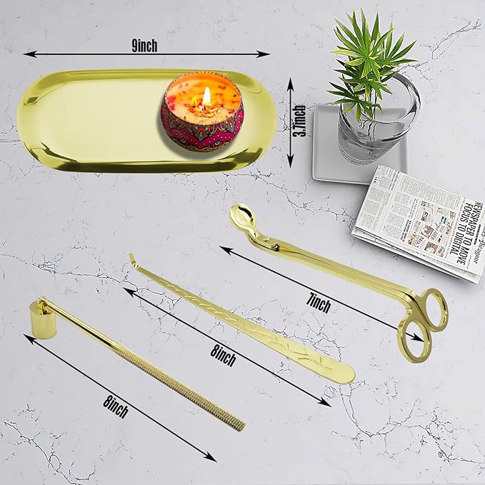 YOUTUOY 4 in1 Candle Accessory Set with Storage Tray Plate, Candle Wick Trimmer, Candle Wick Snuffer, Candle Wick Dipper, Great for Scented Candles Lovers (Gold)