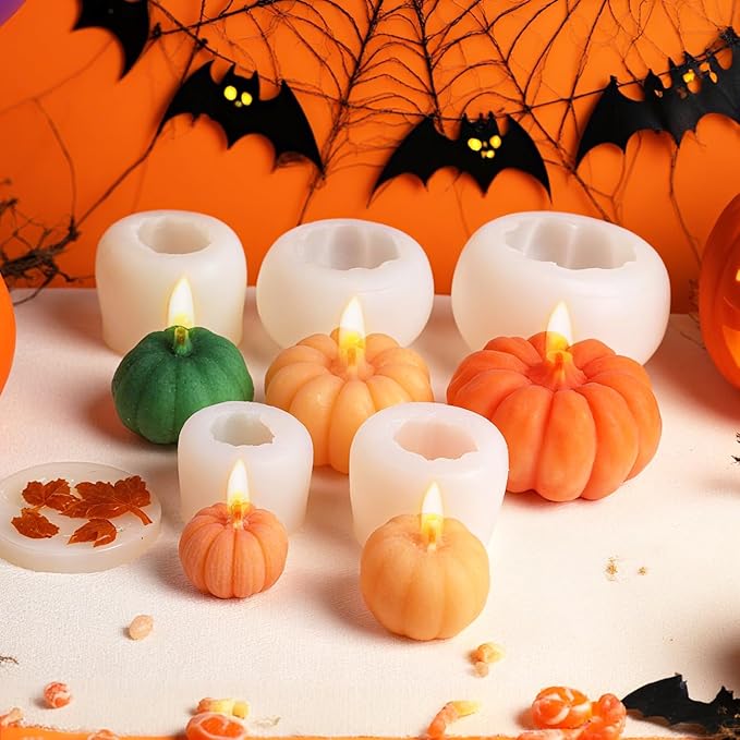 MGLIFEUL 6 pcs Upgrade Large Halloween Pumpkin Maple Leaf Candle Silicone Candle Mold with Wax Core, Halloween Fall Pumpkin Candle Resin Soap Molds Silicone Suitable for Businesses or households