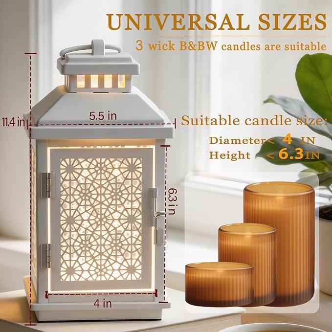 White Candle Warmer Lamp with Timer – Stepless Dimming, Auto Shut-Off 2H/4H/8H, Top-Down Heating for Large Jar Candles, Flameless Enclosed Lantern Style, Farmhouse Decor, Housewarming Gift (2 Bulbs)