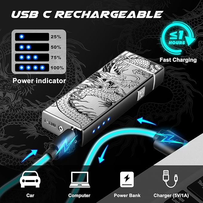 LcFun Electric Lighter USB Rechargeable Windproof Plasma Dual Arc Lighter, Flameless Cool Dragon Pocket Lighters for Camping, Small Valentines Birthday Gifts for Men Husband Father (Black Dragon)